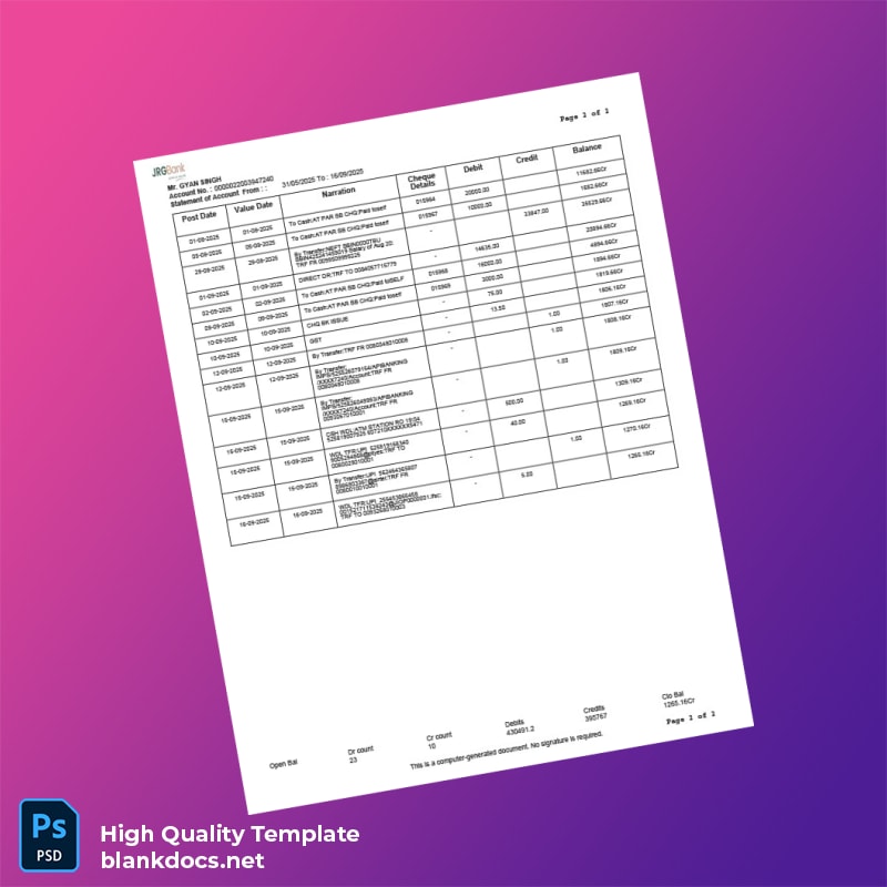 India Jharkhand Rajya Gramin Bank Statement Template in Word and PDF formats page 2