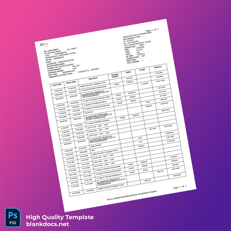 India Jharkhand Rajya Gramin Bank Statement Template in Word and PDF formats