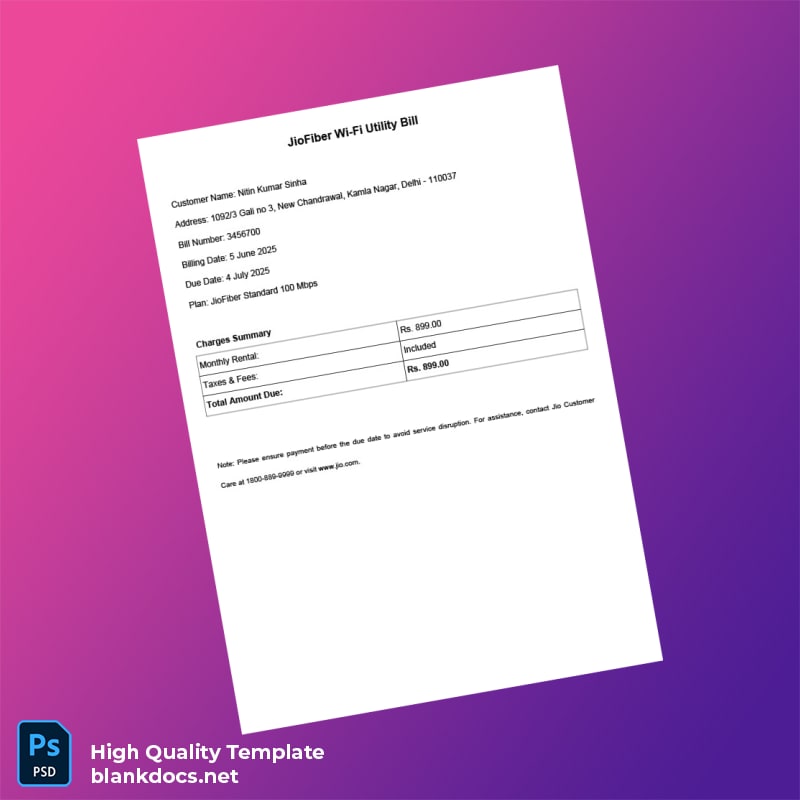 India Jio Editable Internet Bill Template in Word and PDF formats