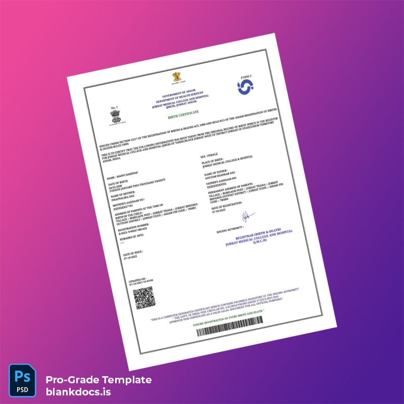 Blank India Jorhat Medical College and Hospital Birth Registration Certificate Template (Word/PDF) Document Preview - BlankDocs