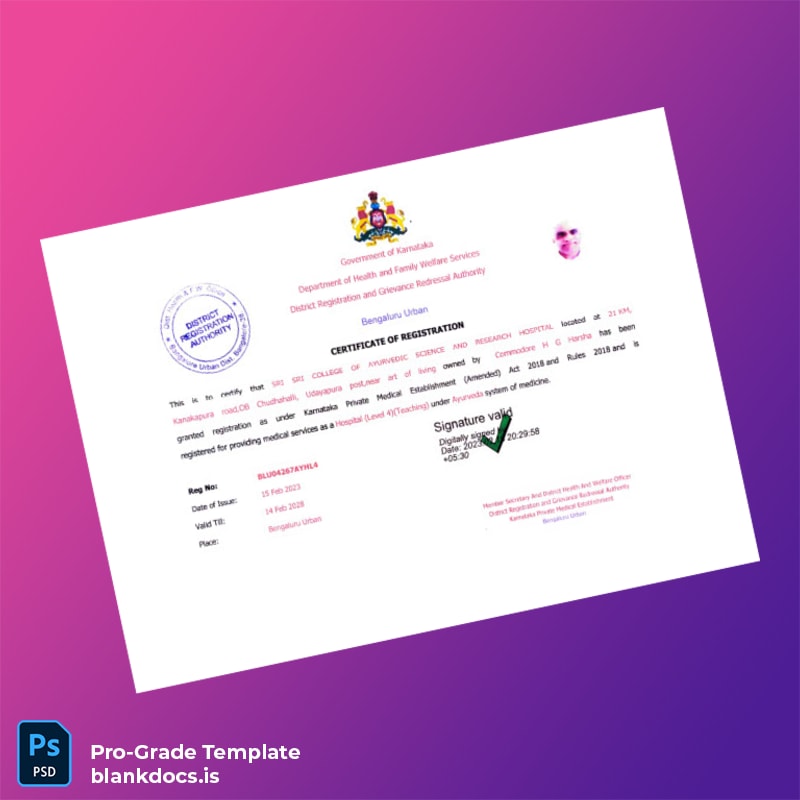 Blank India Karnataka Hospital Registration Certificate Template (Word/PDF) Document Preview - BlankDocs