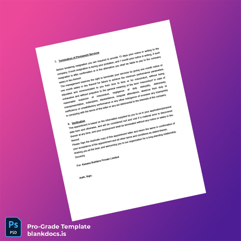 Blank India Kasana Builders Private Limited Appointment Letter Template in Word and PDF formats page 3 Document Preview - BlankDocs