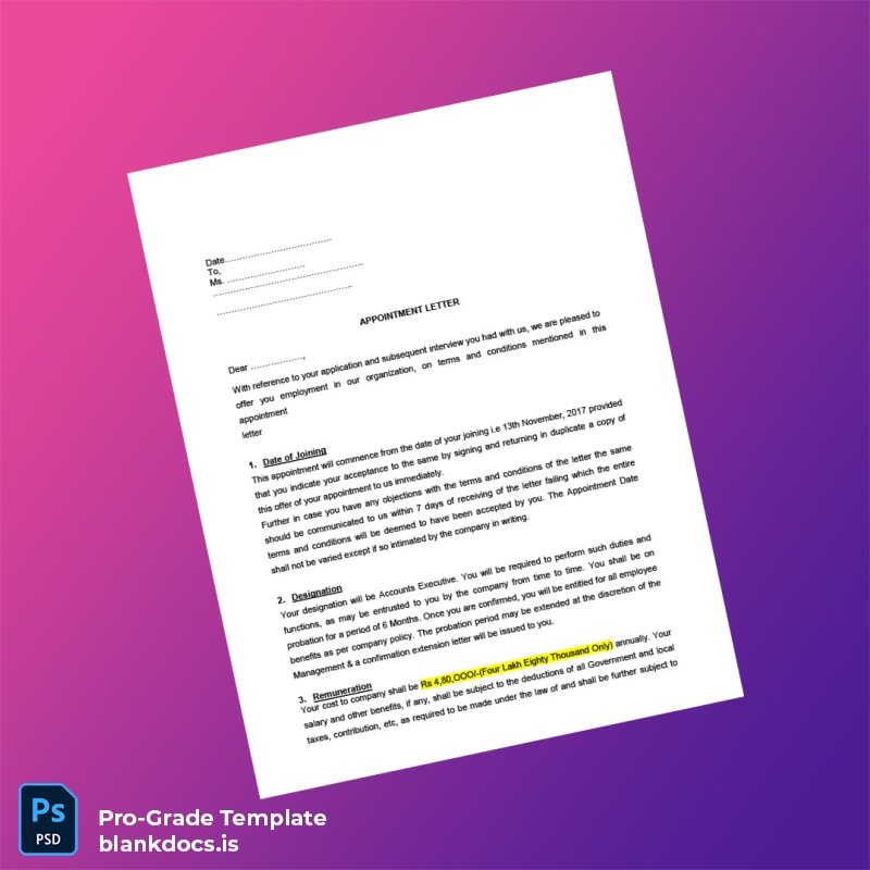 Blank India Kasana Builders Private Limited Appointment Letter Template (Word/PDF) Document Preview - BlankDocs