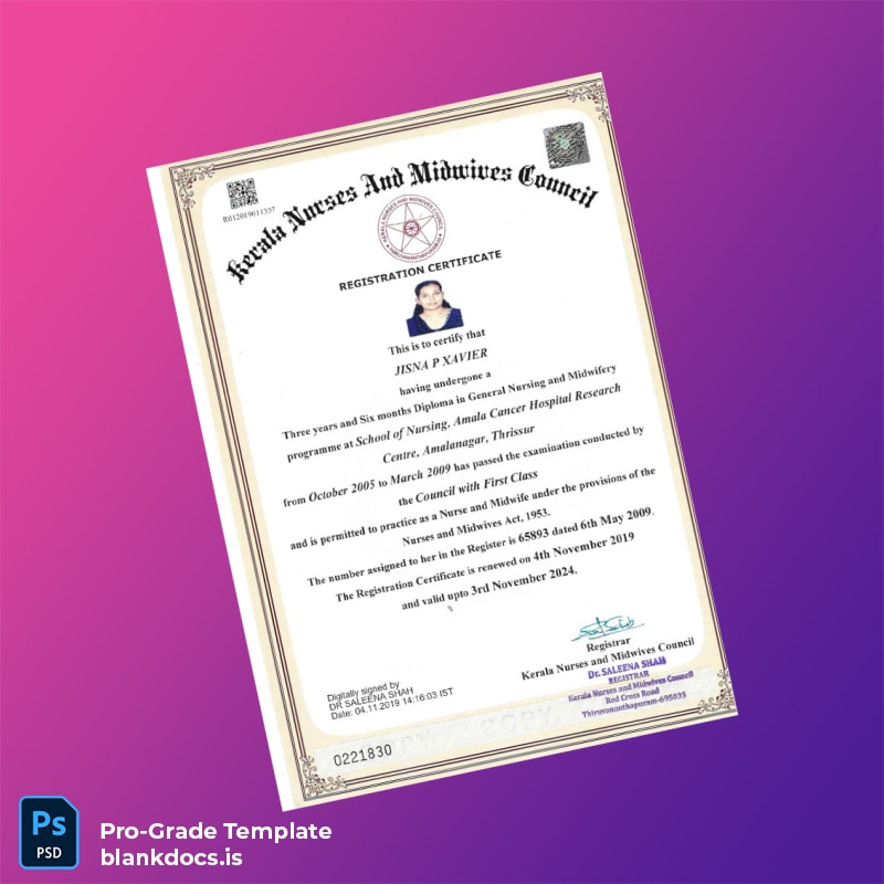 Blank India Kerala Nurses and Midwives Council Registration Certificate Template (Word/PDF) Document Preview - BlankDocs