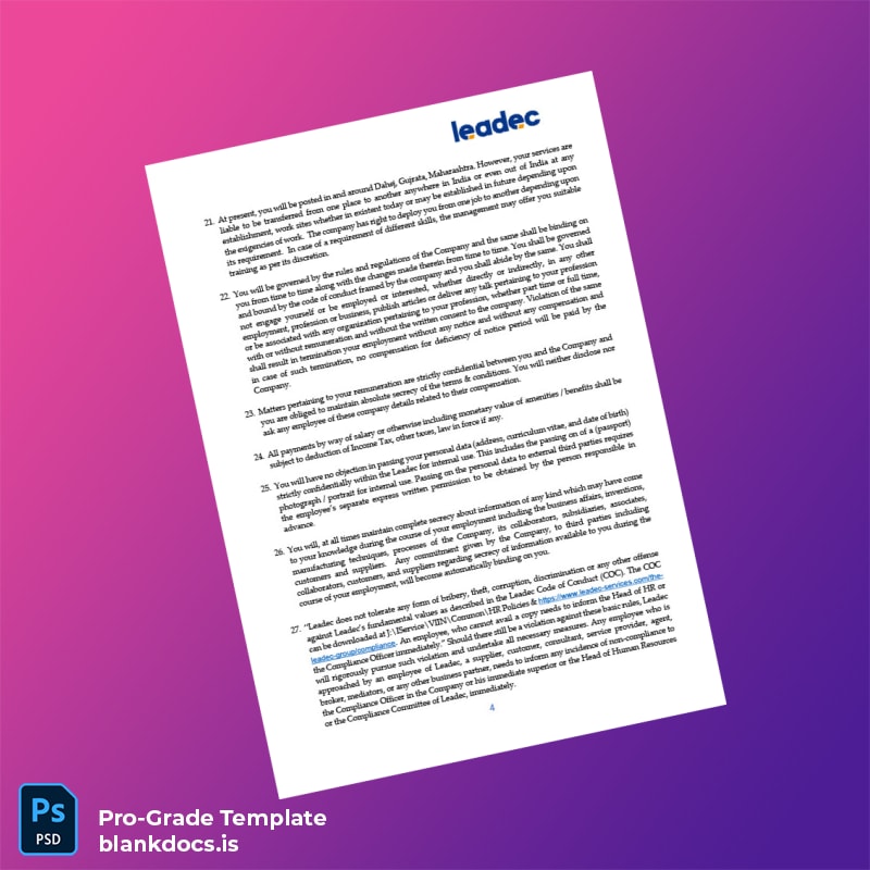 Blank India Leadec India Pvt Ltd Employment Verification Letter Template in Word and PDF formats page 4 Document Preview - BlankDocs