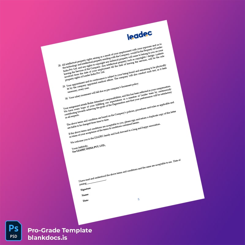 Blank India Leadec India Pvt Ltd Employment Verification Letter Template in Word and PDF formats page 5 Document Preview - BlankDocs