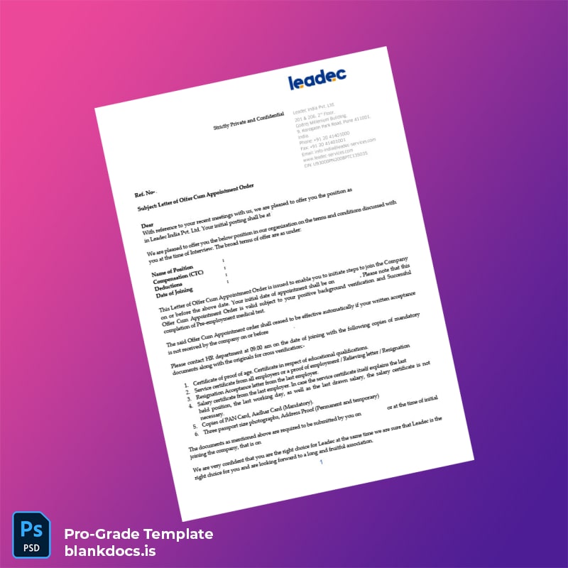 Blank India Leadec India Pvt Ltd Employment Verification Letter Template (Word/PDF) Document Preview - BlankDocs