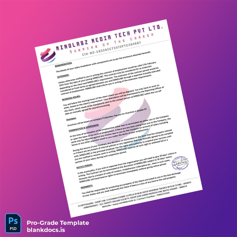 Blank India Mindlabz Media Tech Pvt Ltd Employment Verification Letter Template in Word and PDF formats page 2 Document Preview - BlankDocs