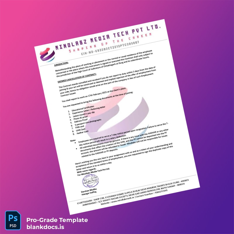 Blank India Mindlabz Media Tech Pvt Ltd Employment Verification Letter Template in Word and PDF formats page 4 Document Preview - BlankDocs