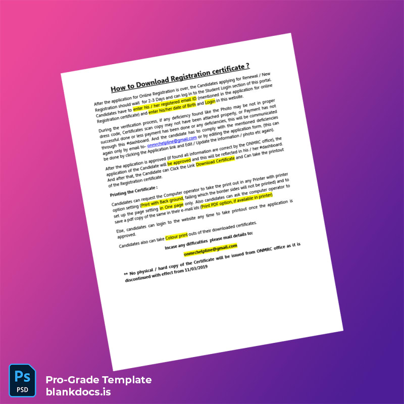 Blank India ONMRC Registration Certificate Template (Word/PDF) Document Preview