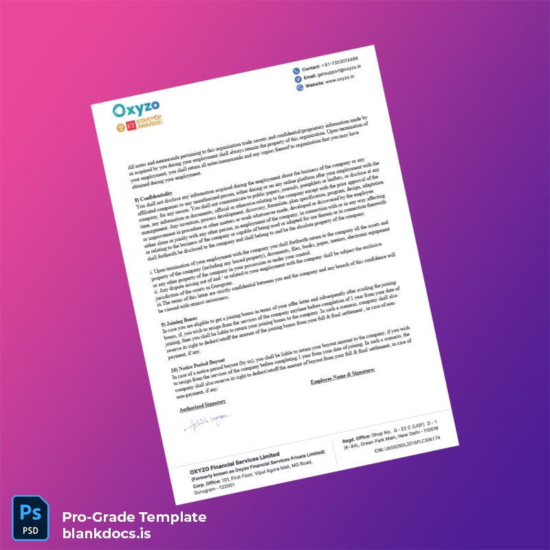 Blank India OXYZO Employment Verification Letter Template in Word and PDF formats page 3 Document Preview - BlankDocs