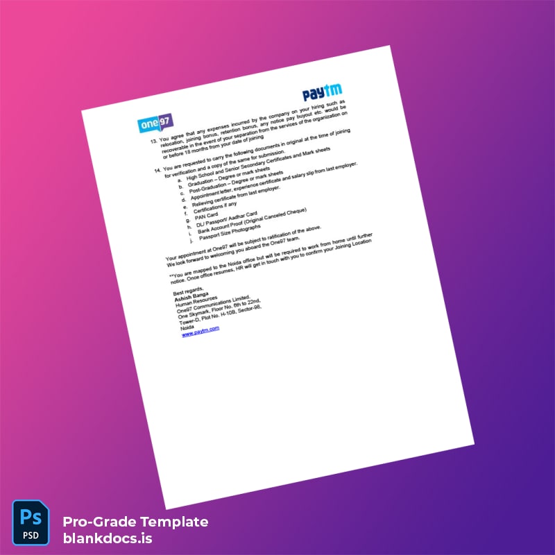 Blank India One97 Communications Limited Employment Verification Letter Template in Word and PDF formats page 2 Document Preview - BlankDocs