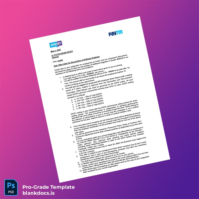 Blank India One97 Communications Limited Employment Verification Letter Template (Word/PDF) Document Preview - BlankDocs