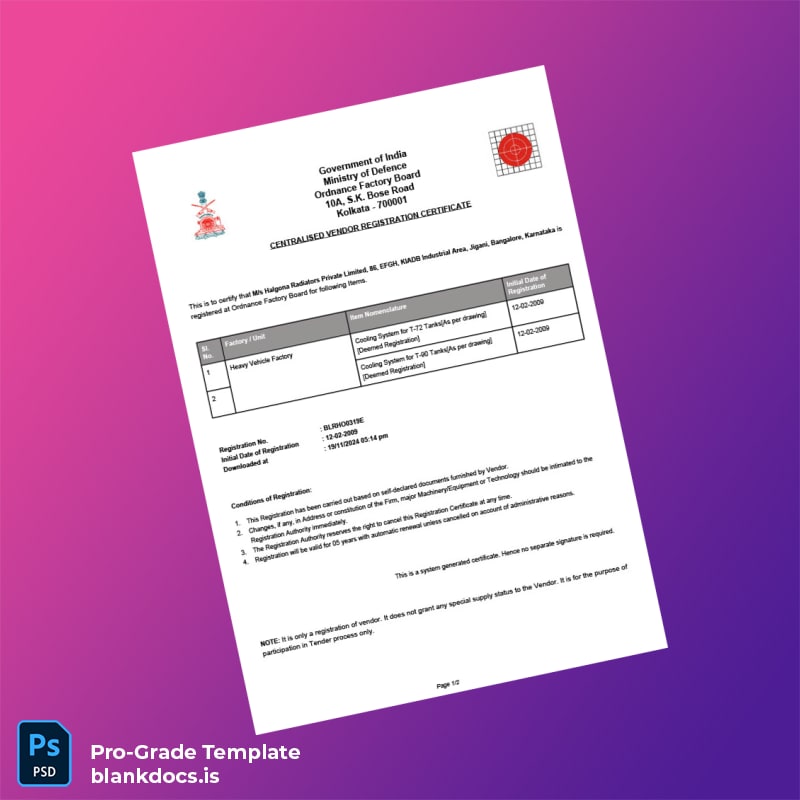 Blank India Ordnance Factory Board Vendor Registration Certificate Template (Word/PDF) Document Preview - BlankDocs