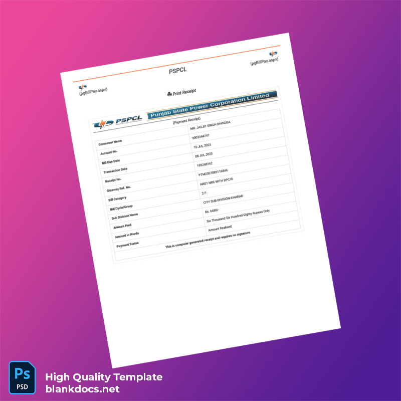 India PSPCL Editable Utility Bill Template in Word and PDF formats page 2