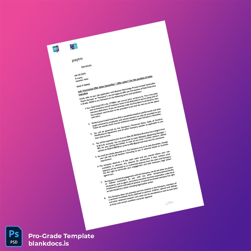 Blank India Paytm Employment Verification Letter Template (Word/PDF) Document Preview - BlankDocs