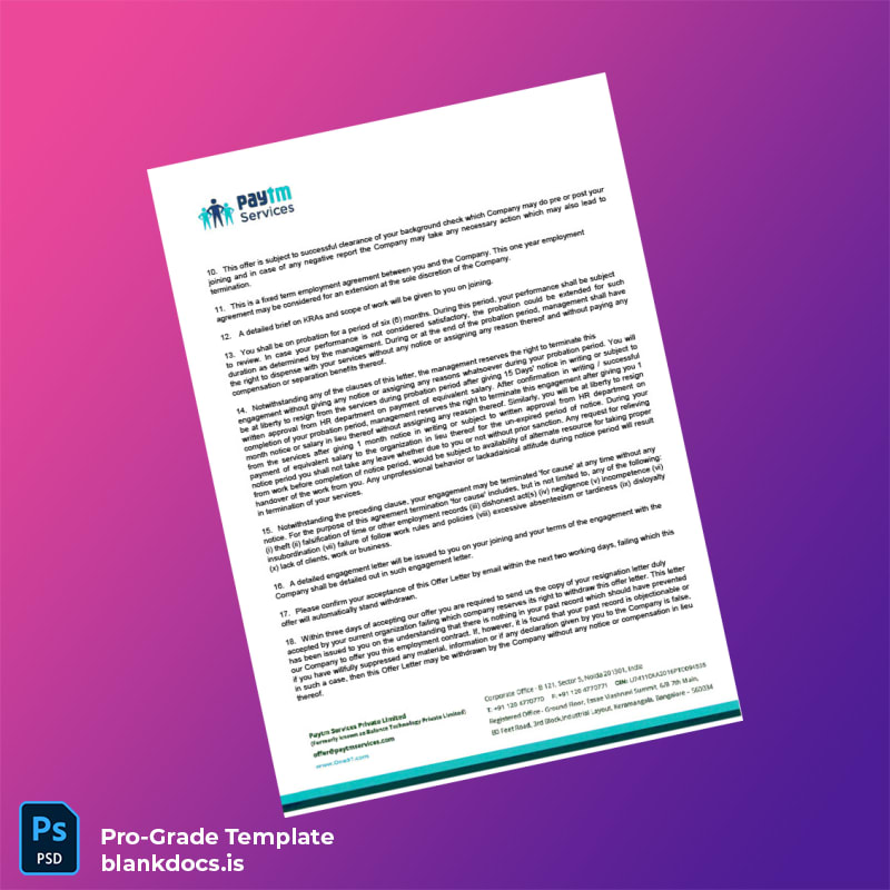 Blank India Paytm Services Employment Verification Letter Template in Word and PDF formats page 2 Document Preview - BlankDocs