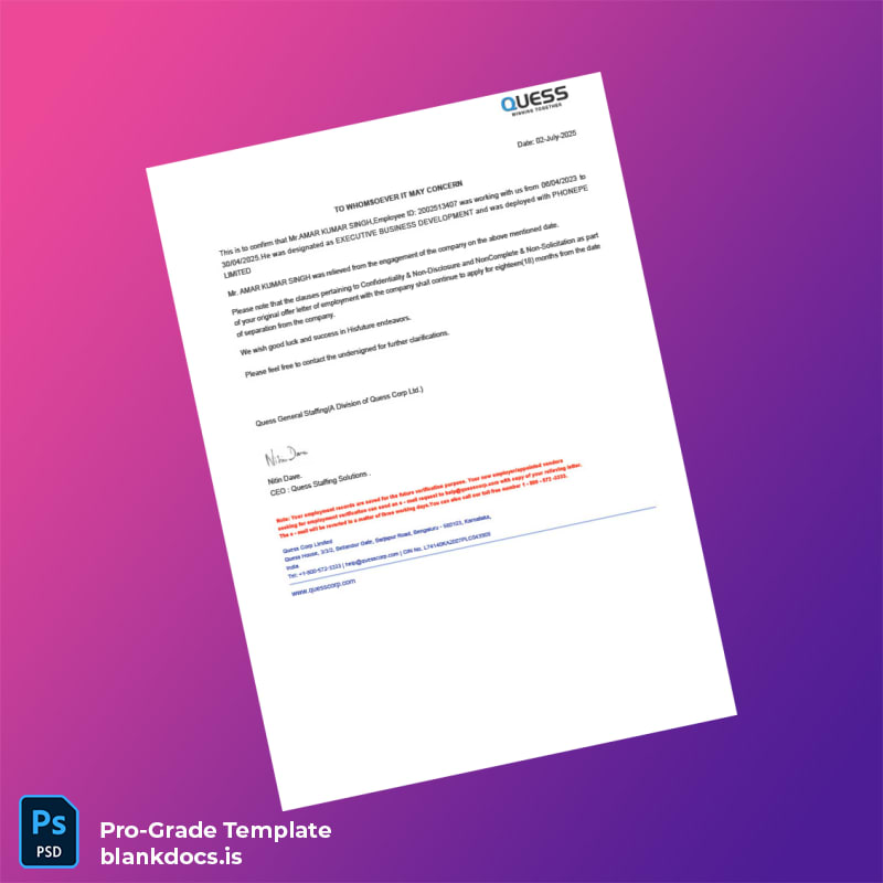 Blank India PhonePe Limited Employment Verification Letter Template (Word/PDF) Document Preview - BlankDocs