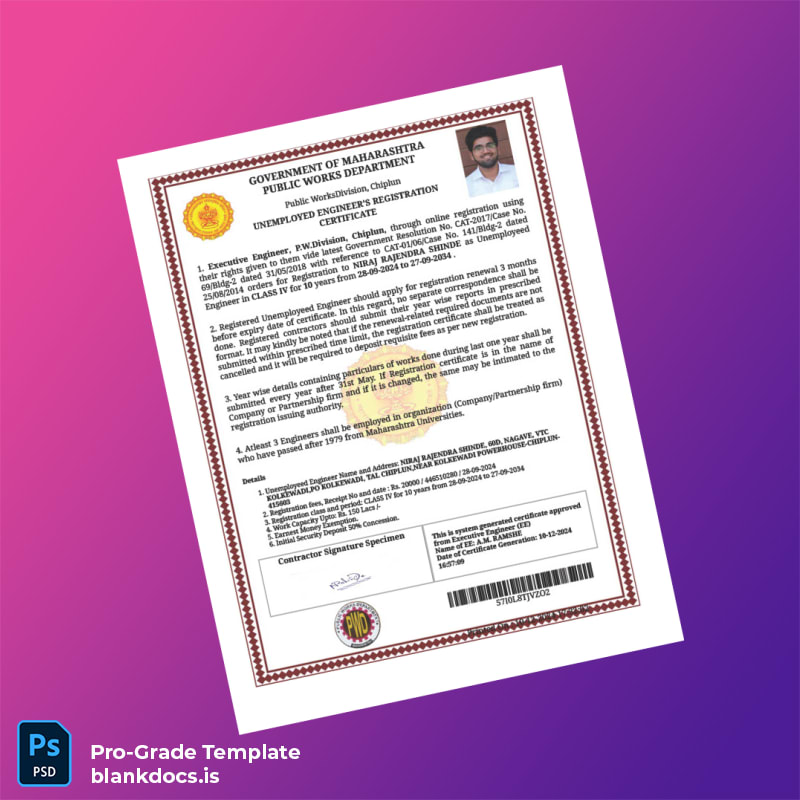 Blank India Public Works Division Unemployed Engineer s Registration Certificate Template (Word/PDF) Document Preview - BlankDocs