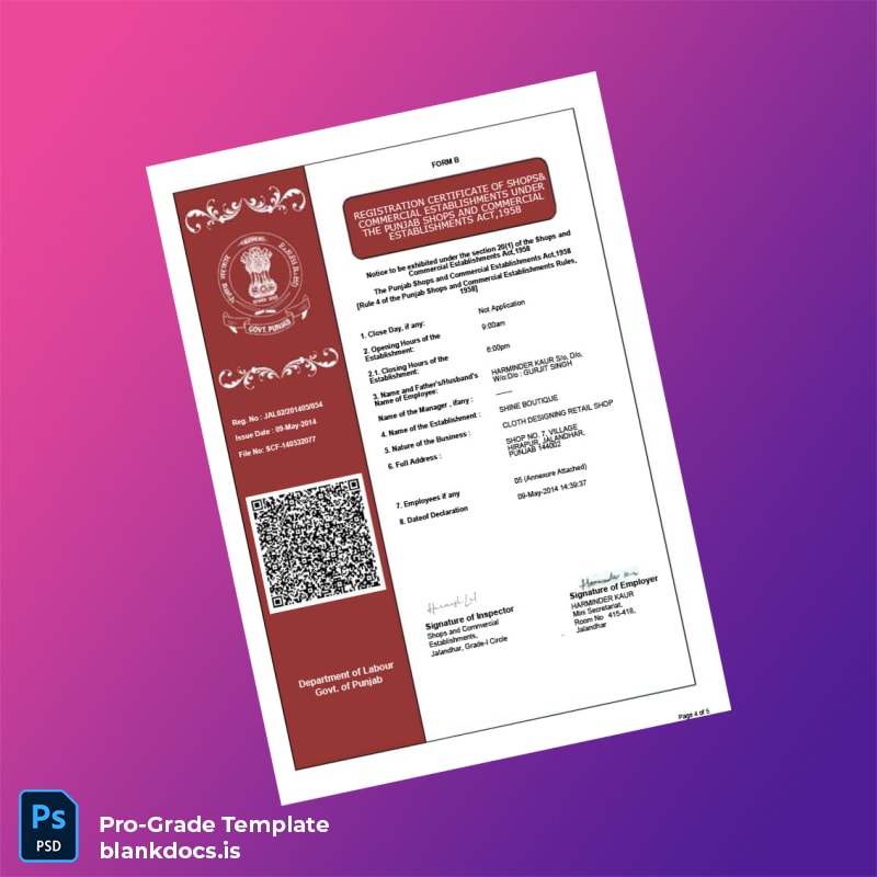Blank India Punjab Business Registration Certificate Template in Word and PDF formats page 2 Document Preview - BlankDocs
