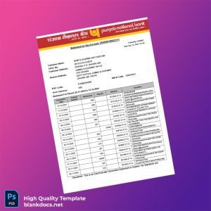 India Punjan Bank Statement Template in Word and PDF formats