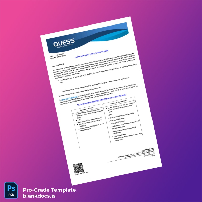 Blank India QUES Employment Verification Letter Template in Word and PDF formats page 2 Document Preview - BlankDocs