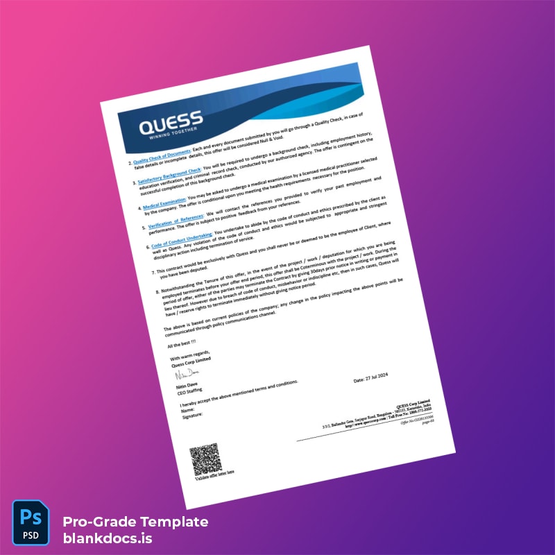 Blank India QUES Employment Verification Letter Template in Word and PDF formats page 3 Document Preview - BlankDocs