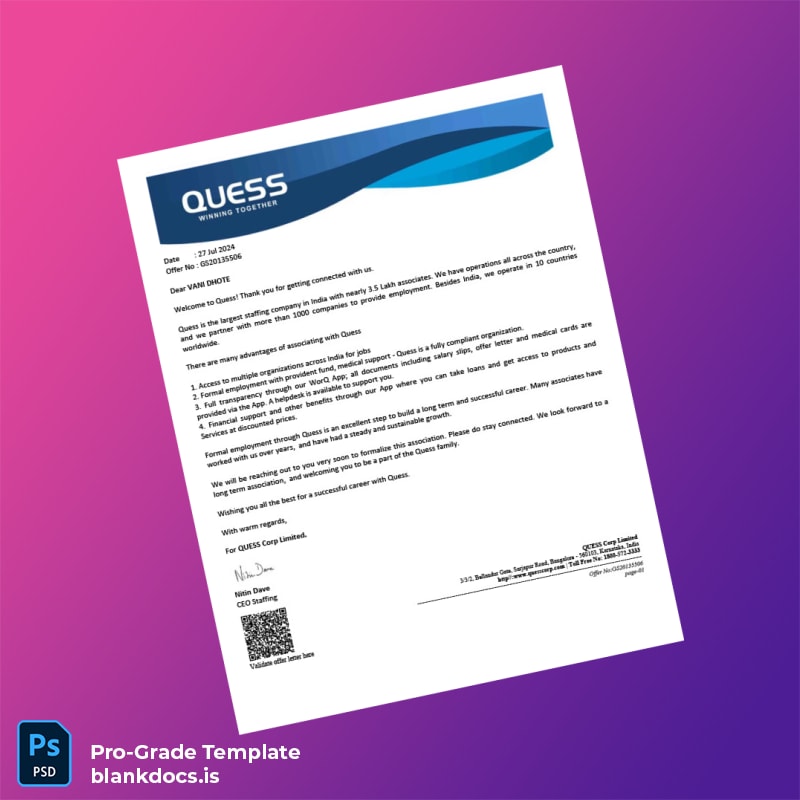 Blank India QUES Employment Verification Letter Template (Word/PDF) Document Preview - BlankDocs
