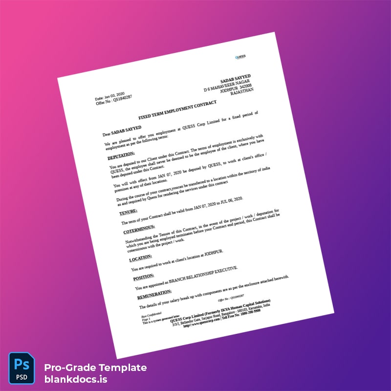 Blank India Quess Corp Limited Employment Verification Letter Template (Word/PDF) Document Preview - BlankDocs