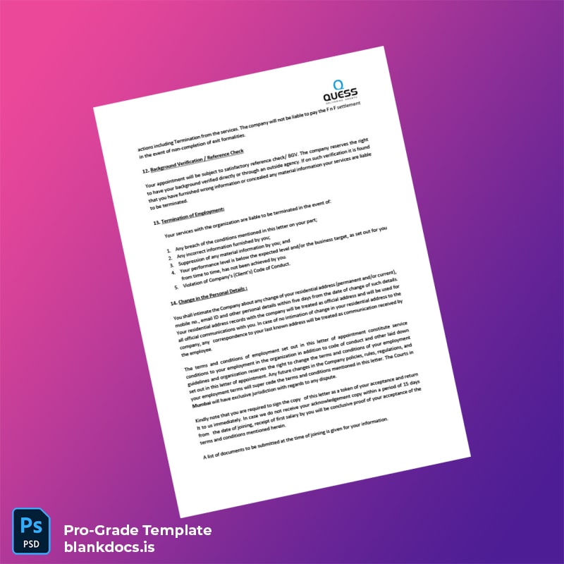 Blank India Quess Corporation Employment Verification Letter Template in Word and PDF formats page 4 Document Preview - BlankDocs