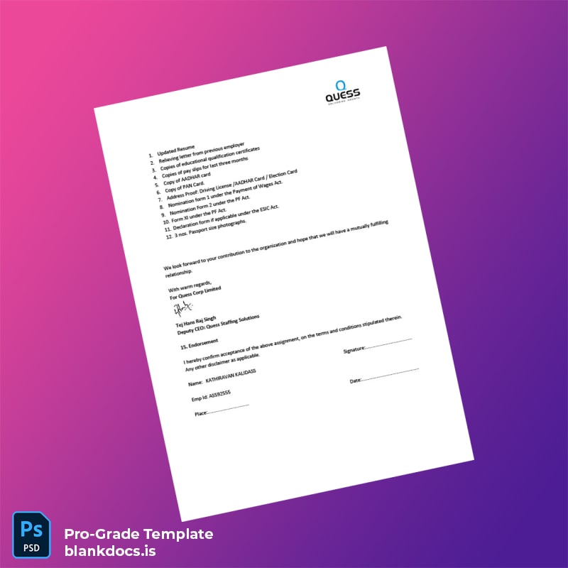 Blank India Quess Corporation Employment Verification Letter Template in Word and PDF formats page 5 Document Preview - BlankDocs