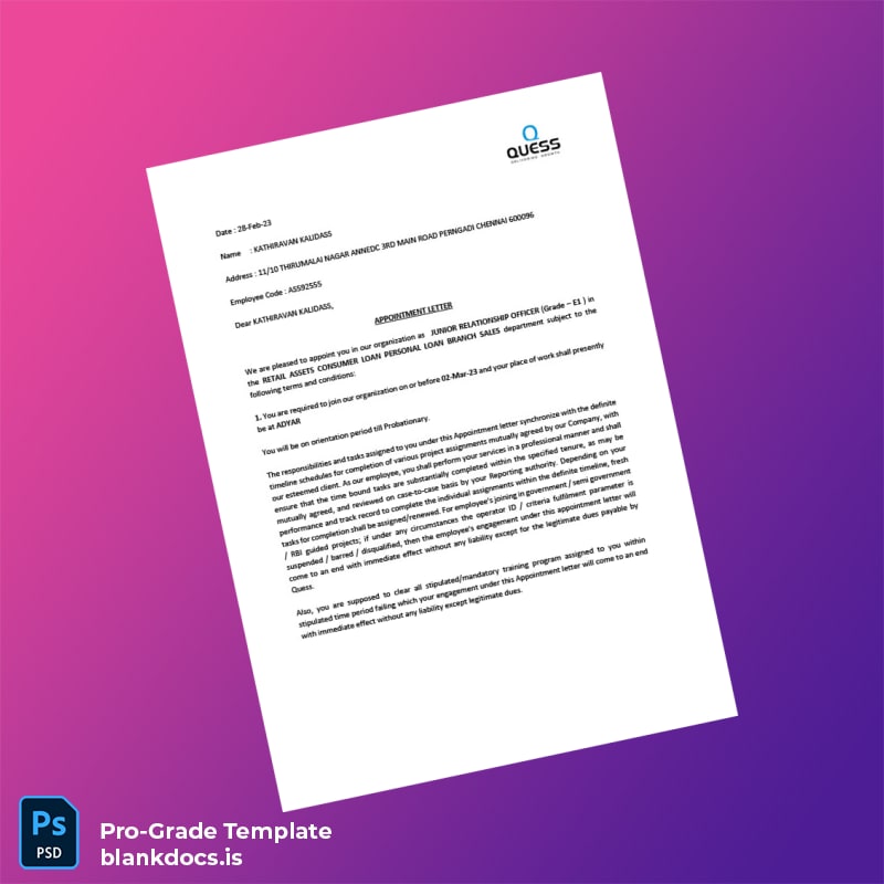 Blank India Quess Corporation Employment Verification Letter Template (Word/PDF) Document Preview - BlankDocs