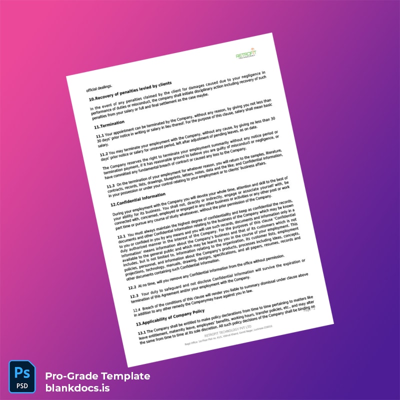 Blank India RETROFIT TECHNOLOGY PVT LTD Employment Verification Letter Template in Word and PDF formats page 2 Document Preview - BlankDocs