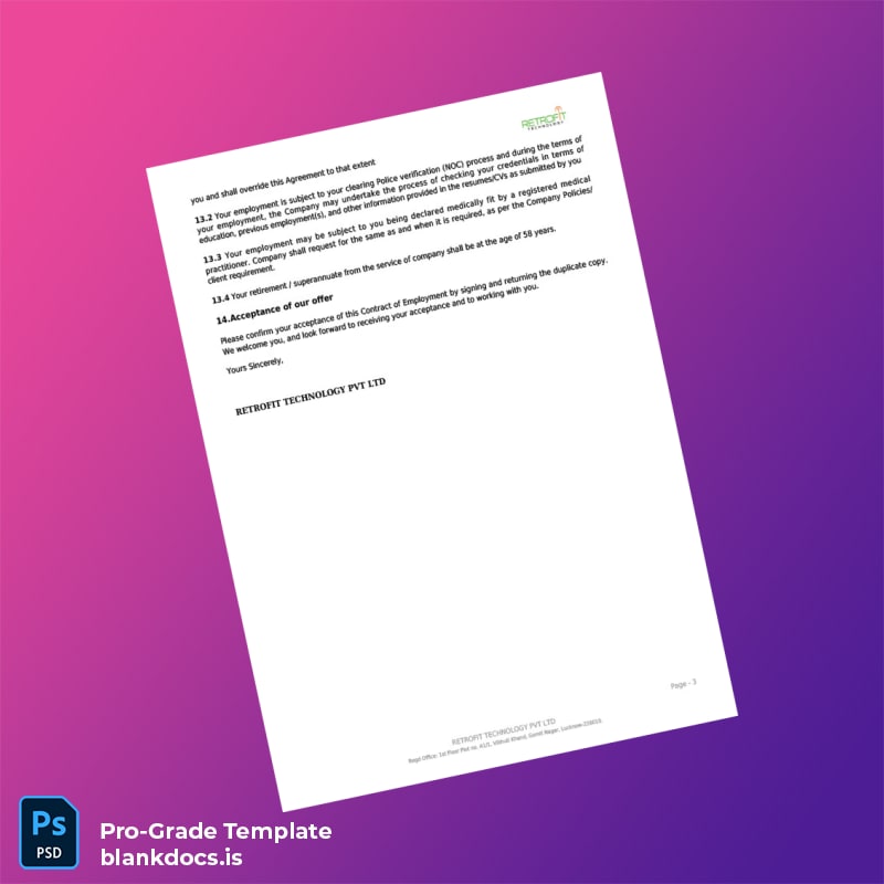 Blank India RETROFIT TECHNOLOGY PVT LTD Employment Verification Letter Template in Word and PDF formats page 3 Document Preview - BlankDocs