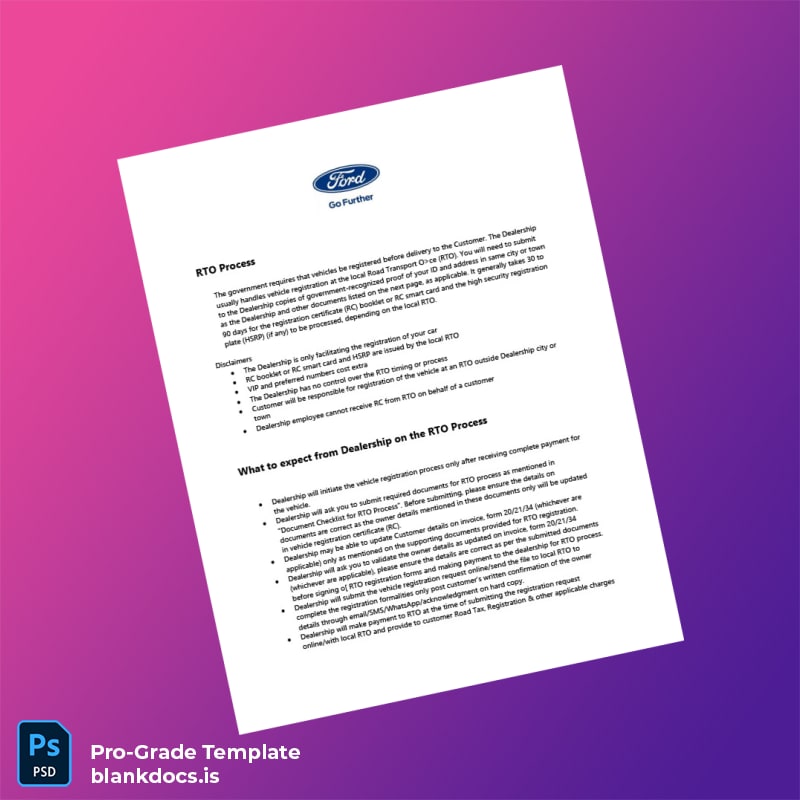 Blank India RTO Road Transport Office Registration Certificate Template (Word/PDF) Document Preview - BlankDocs