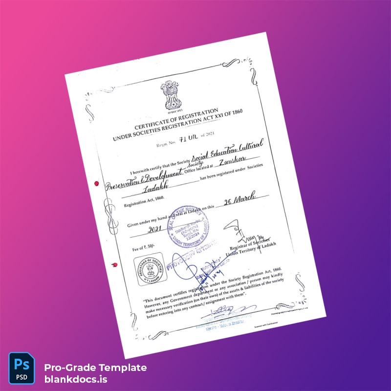 Blank India Registrar of Societies Society Registration Certificate Template (Word/PDF) Document Preview - BlankDocs