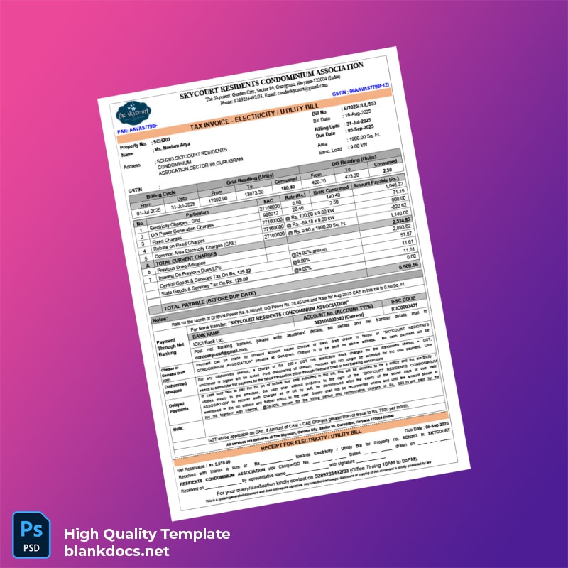 India SKYCOUT RESIDENTS CONDOMINIUM ASSOCIATION Editable Electricity Bill Template in Word and PDF formats