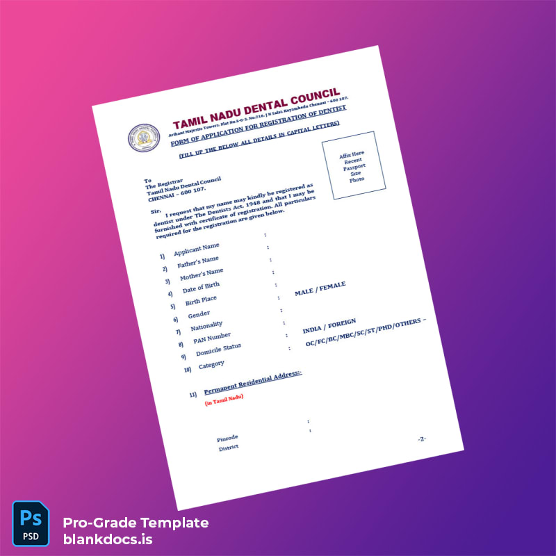 Blank India Tamil Nadu Dental Council BDS Registration Certificate Template in Word and PDF formats page 3 Document Preview - BlankDocs