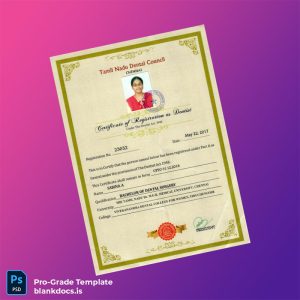 Blank India Tamil Nadu Dental Council Certificate of Registration as Dentist Template (Word/PDF) Document Preview - BlankDocs