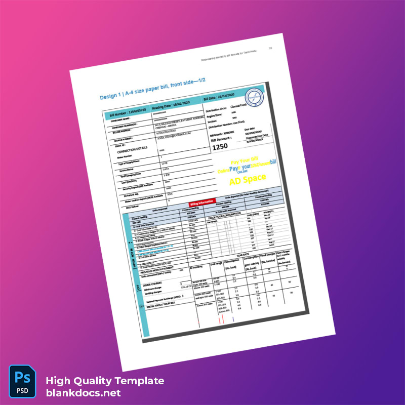 India Tamil Nadu Electricity Board Editable Electricity Bill Template in Word and PDF formats