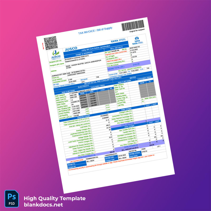 India Tata Power Editable Utility Bill Template in Word and PDF formats