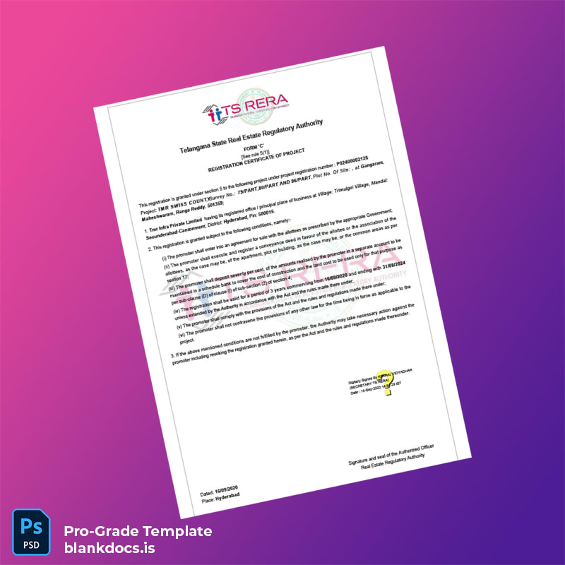 Blank India Telangana State Real Estate Regulatory Authority Registration Certificate Template (Word/PDF) Document Preview - BlankDocs
