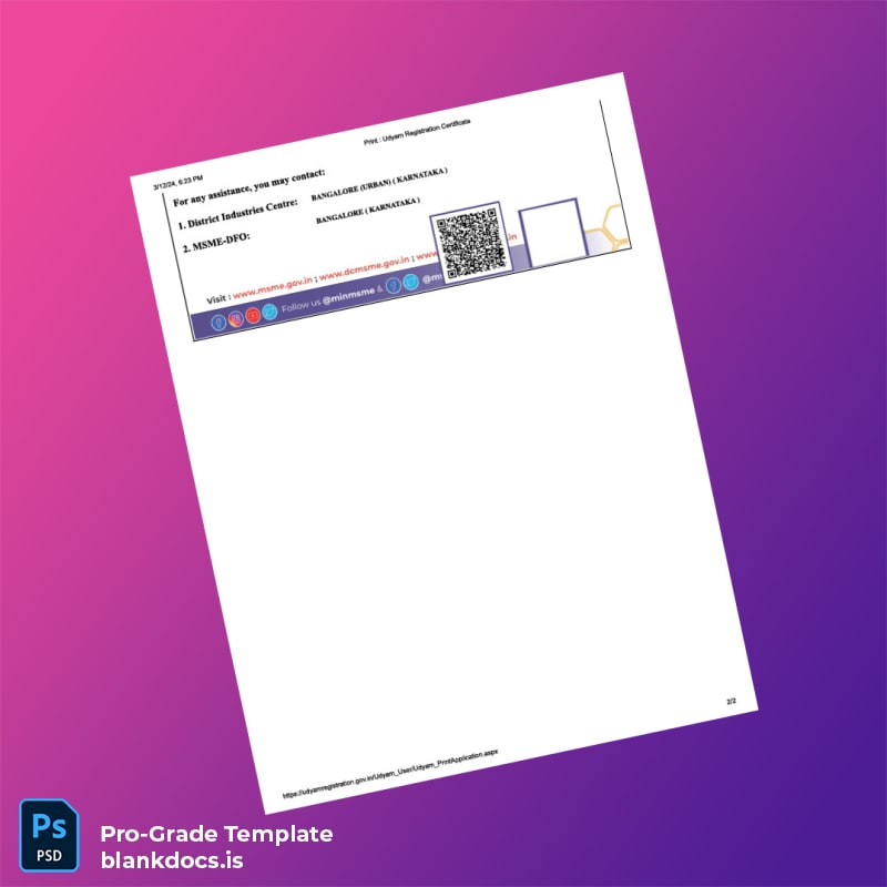 Blank India UDYAM MSME Registration Certificate Template in Word and PDF formats page 2 Document Preview - BlankDocs