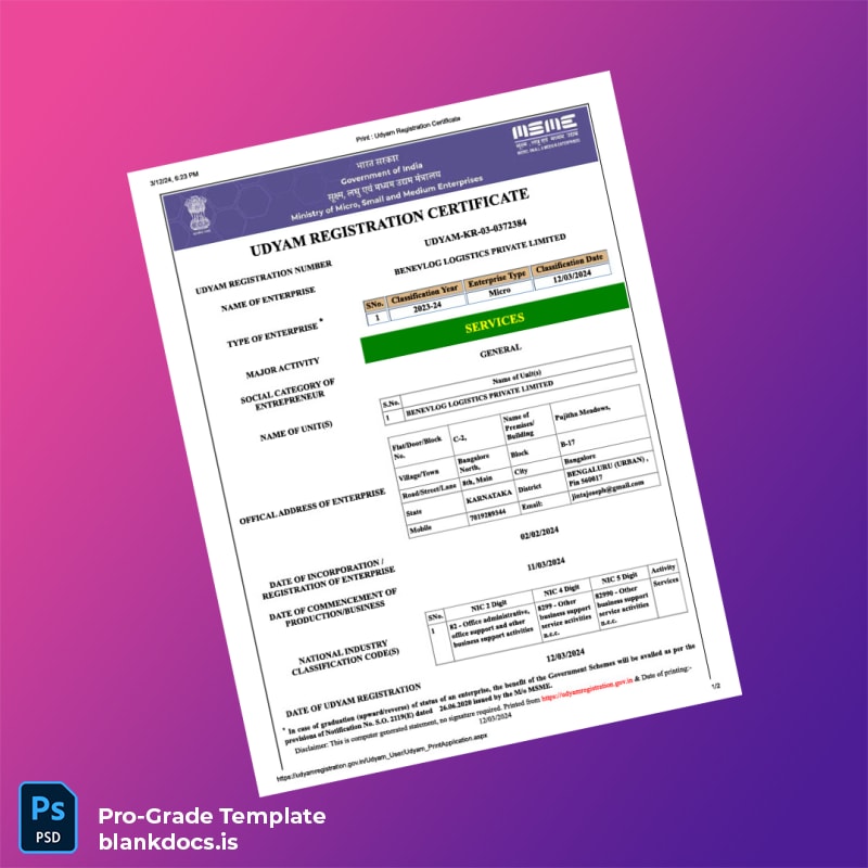 Blank India UDYAM MSME Registration Certificate Template (Word/PDF) Document Preview - BlankDocs