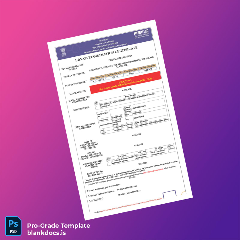 Blank India Udyam Ministry of Micro Small and Medium Enterprises Registration Certificate Template (Word/PDF) Document Preview - BlankDocs