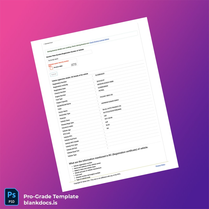 Blank India Vahan Authority Vehicle Registration Certificate Template (Word/PDF) Document Preview - BlankDocs
