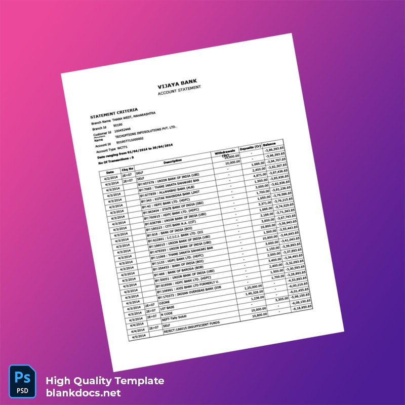 India Vijaya Bank Statement Template in Word and PDF formats