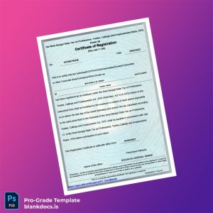 Blank India West Bengal State Tax Department Registration Certificate Template (Word/PDF) Document Preview