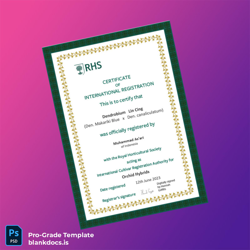 Blank Indonesia Royal Horticultural Society Certificate of International Registration Template (Word/PDF) Document Preview - BlankDocs