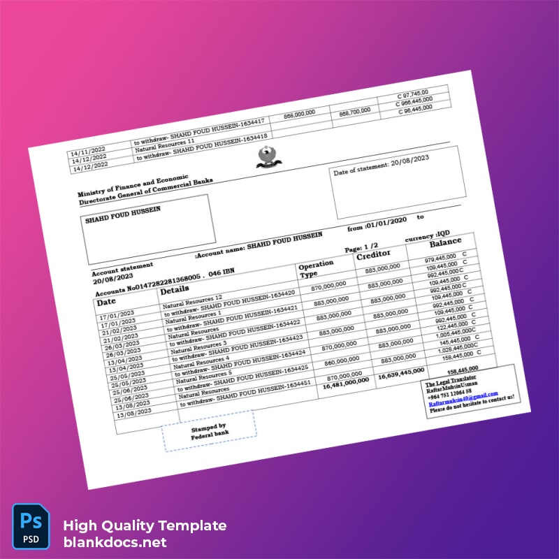 Iraq Bank Statement Template in Word and PDF formats page 2